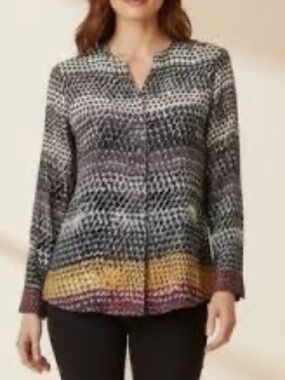 Ecru 100% Silk Painted Houndstooth Blouse Size M Button Front